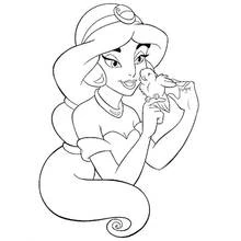 Princess Jasmine holding a little bird coloring page