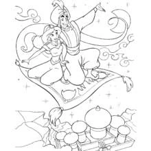 Aladdin and Jasmine on the magic carpet coloring page