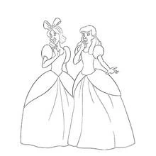Two princesses in ball gowns whispering coloring page