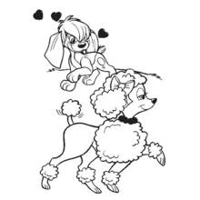 Two dogs playing with hearts floating above coloring page