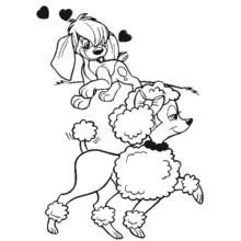 Two dogs walking with hearts floating above coloring page