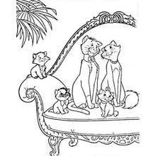 Aristocats family sitting on an ornate sofa coloring page