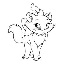 Marie the kitten standing with a bow on her head coloring page