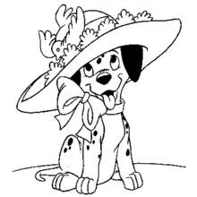 Dalmatian puppy wearing a flowered hat coloring page