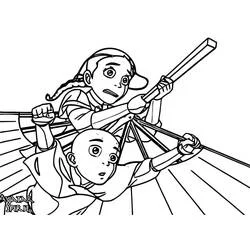 Katara and Aang gliding on the flying bison coloring page