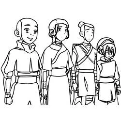 Aang and his friends standing together coloring page