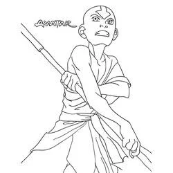 Aang in fighting stance with staff coloring page