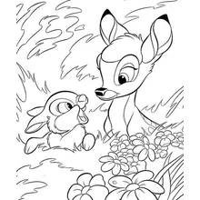 Bambi and Thumper among flowers coloring page