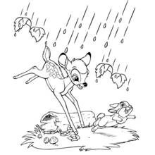 Bambi and Thumper running in the rain coloring page