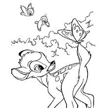 Bambi watching a butterfly on his tail coloring page