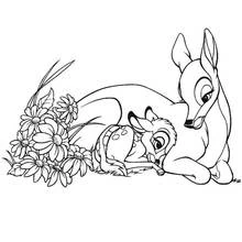 Bambi resting with his mother among flowers coloring page