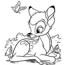 Bambi sitting with butterfly and birds coloring page