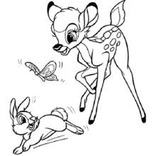 Bambi playing with Thumper and a butterfly coloring page