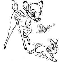 Bambi looking at a butterfly with Thumper coloring page