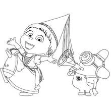 Agnes riding a hobby horse with a Minion coloring page