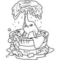 Dumbo taking a bath in a wooden tub coloring page