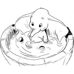 Dumbo bathing in a wooden tub coloring page