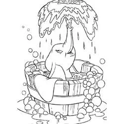 Dumbo taking a bubbly bath in a wooden tub coloring page
