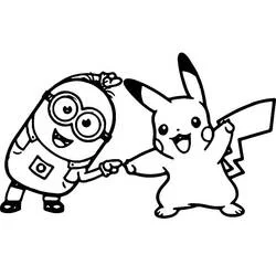 Minion holding hands with Pikachu coloring page