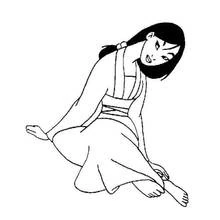 Mulan sitting on the ground in a robe coloring page