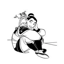 Mulan sitting with Mushu on her shoulder coloring page