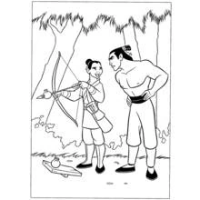 Mulan practicing archery with a soldier coloring page