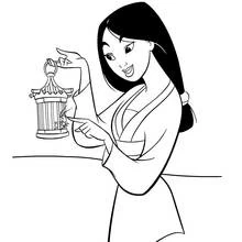 Mulan holding a birdcage coloring page