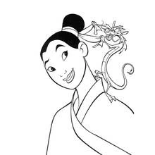 Mulan smiling with Mushu on her shoulder coloring page