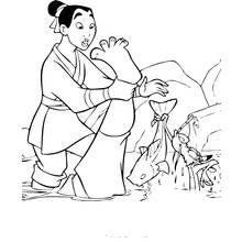 Mulan surprised by a cricket near the water coloring page
