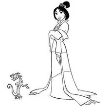 Mulan standing gracefully with Mushu coloring page