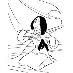 Mulan cutting her hair with a sword coloring page