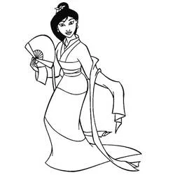 Mulan holding a fan in her kimono coloring page