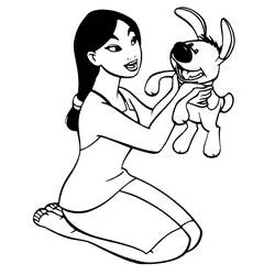 Mulan holding up her dog coloring page
