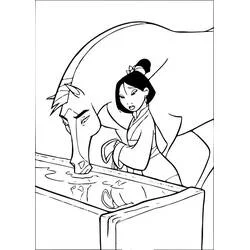 Mulan and her horse drinking water coloring page