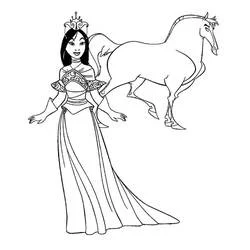 Mulan in a princess dress with Khan coloring page