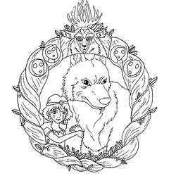 Princess Mononoke and the wolf in a floral frame coloring page