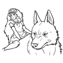Princess Mononoke sitting beside the wolf coloring page