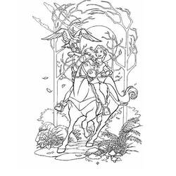 Kayley riding through the enchanted forest with a falcon coloring page