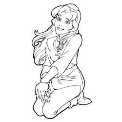 Kayley kneeling with a gentle smile coloring page