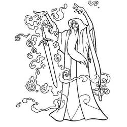 Merlin conjuring Excalibur with magic coloring page