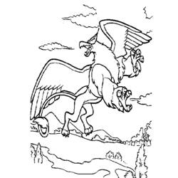 Griffin flying over a castle landscape coloring page