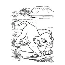 Simba crouching in the savanna coloring page