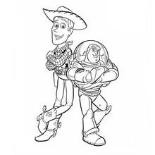 Woody and Buzz standing back to back coloring page