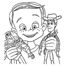 Andy holding Woody and Buzz coloring page