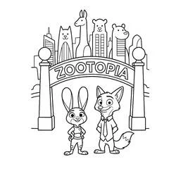 Judy Hopps and Nick Wilde under the Zootopia arch coloring page