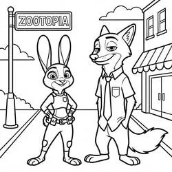 Judy Hopps and Nick Wilde in Zootopia street coloring page
