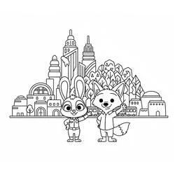 Zootopia's Judy Hopps and Nick Wilde waving in the city coloring page