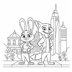 Judy Hopps and Nick Wilde standing in the city coloring page