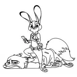 Judy Hopps standing on a sleeping Nick Wilde coloring page