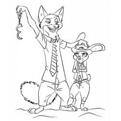 Nick Wilde holding handcuffs next to Judy Hopps coloring page